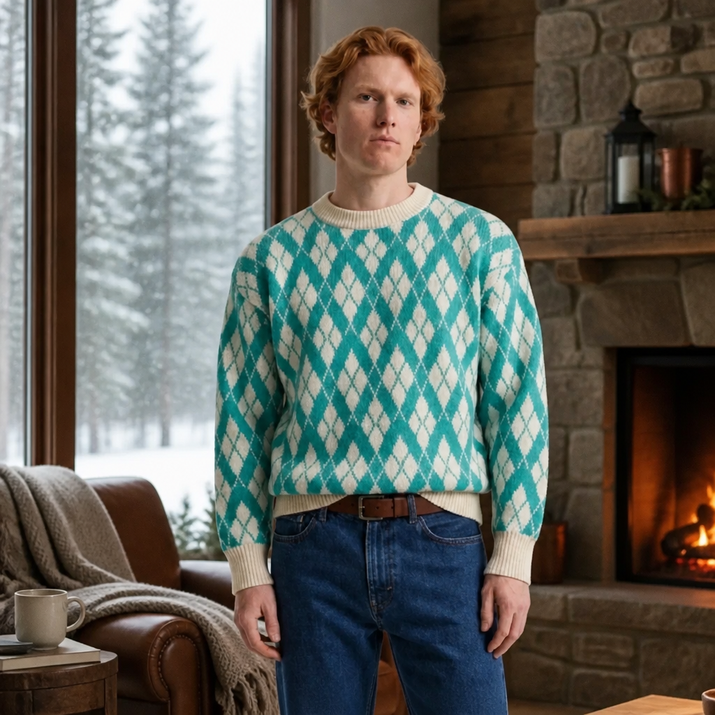 Turquoise Argyle Sweater 100%Baby Alpaca Wool            ITEM: # 15 - 681823