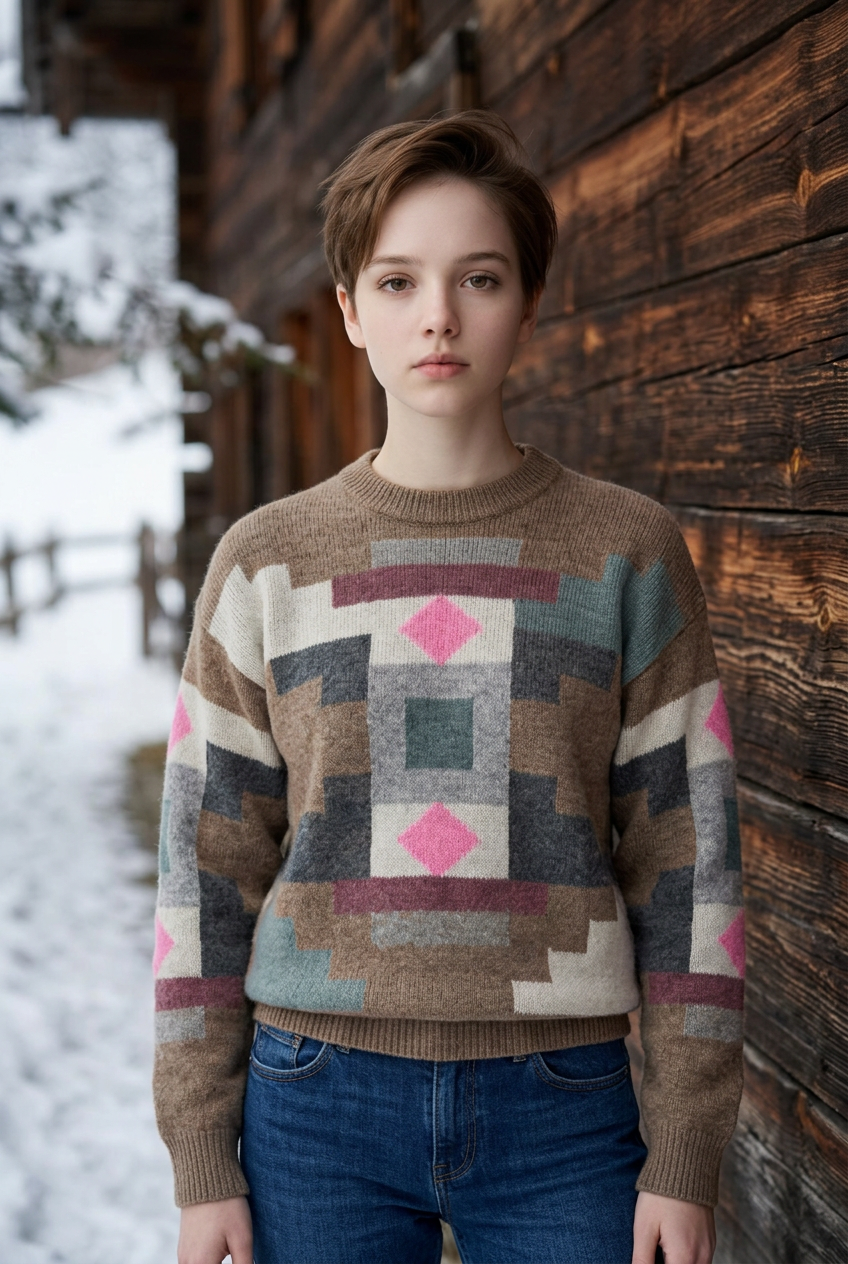 Earth tone jacquard sweater handmade 100% Alpaca         ITEM:# 8 - 681812