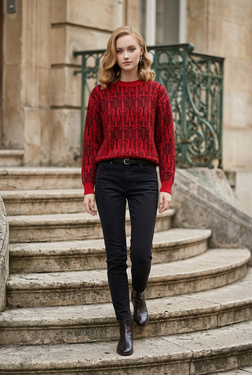 Red and Black 100 % Baby Alpaca Sweater ITEM:# 18 - 681825
