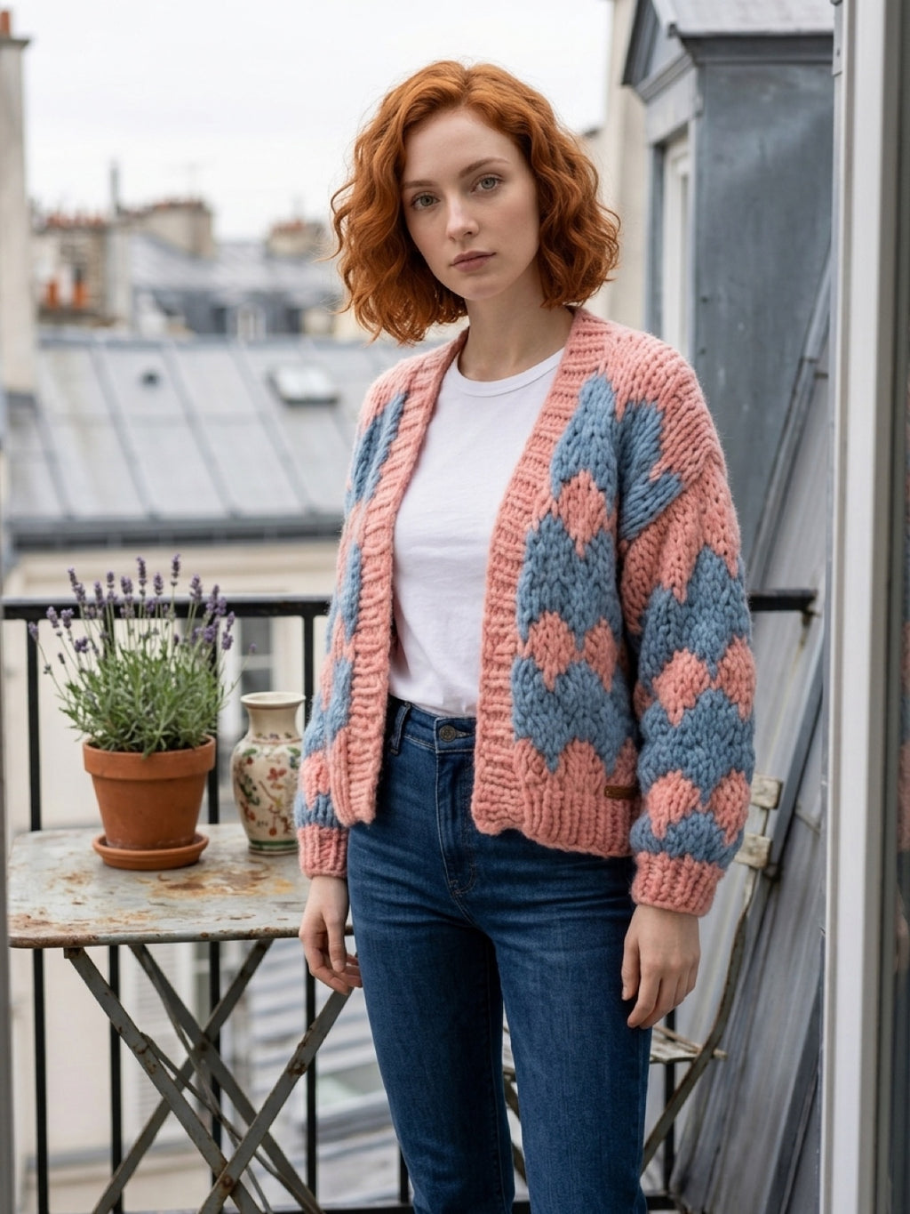 Chunky knit BoHo cardigan Peach and Blue                          ITEM: # 31- 681836