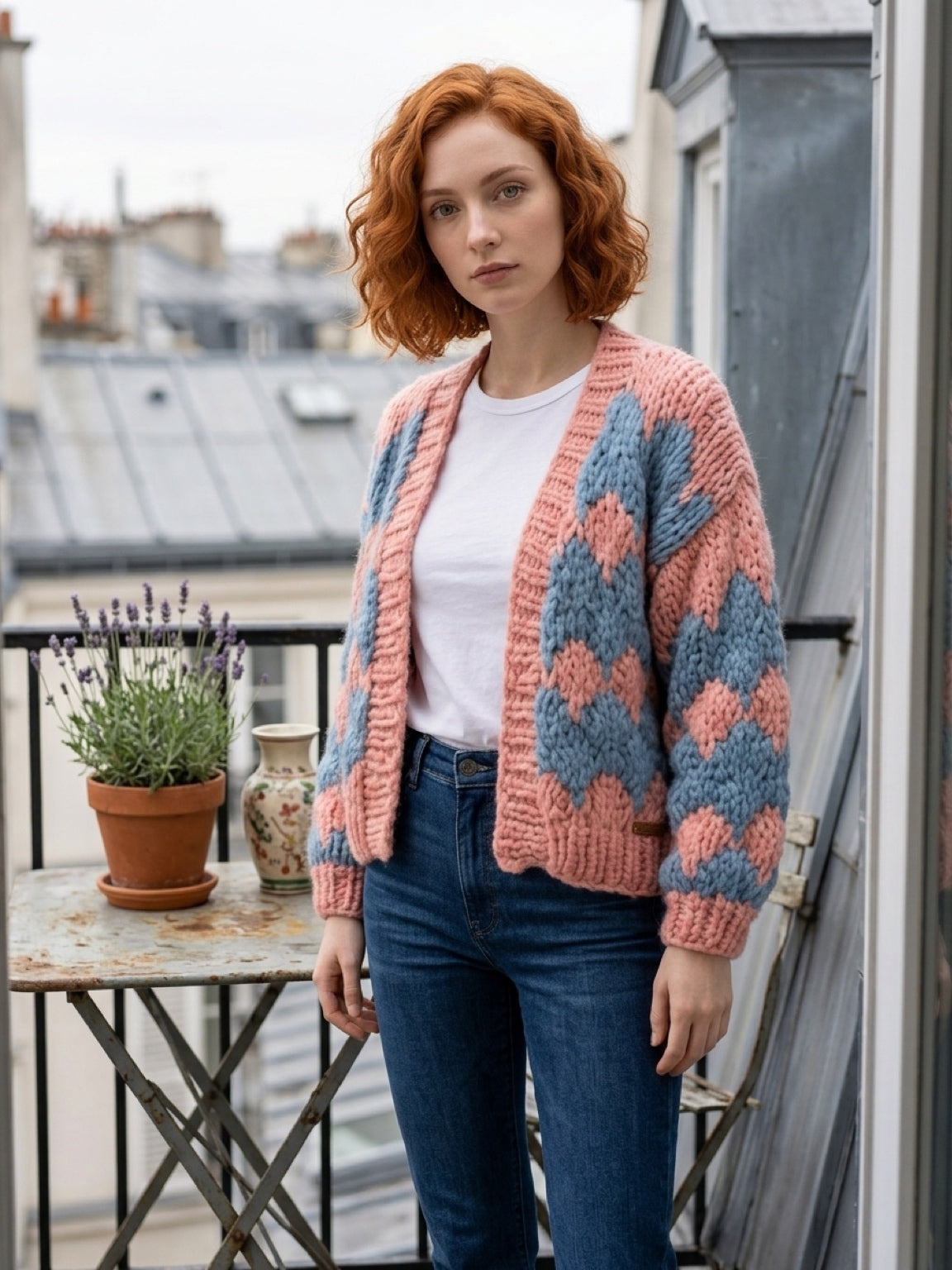 Chunky knit BoHo cardigan Peach and Blue                          ITEM: # 31- 681836