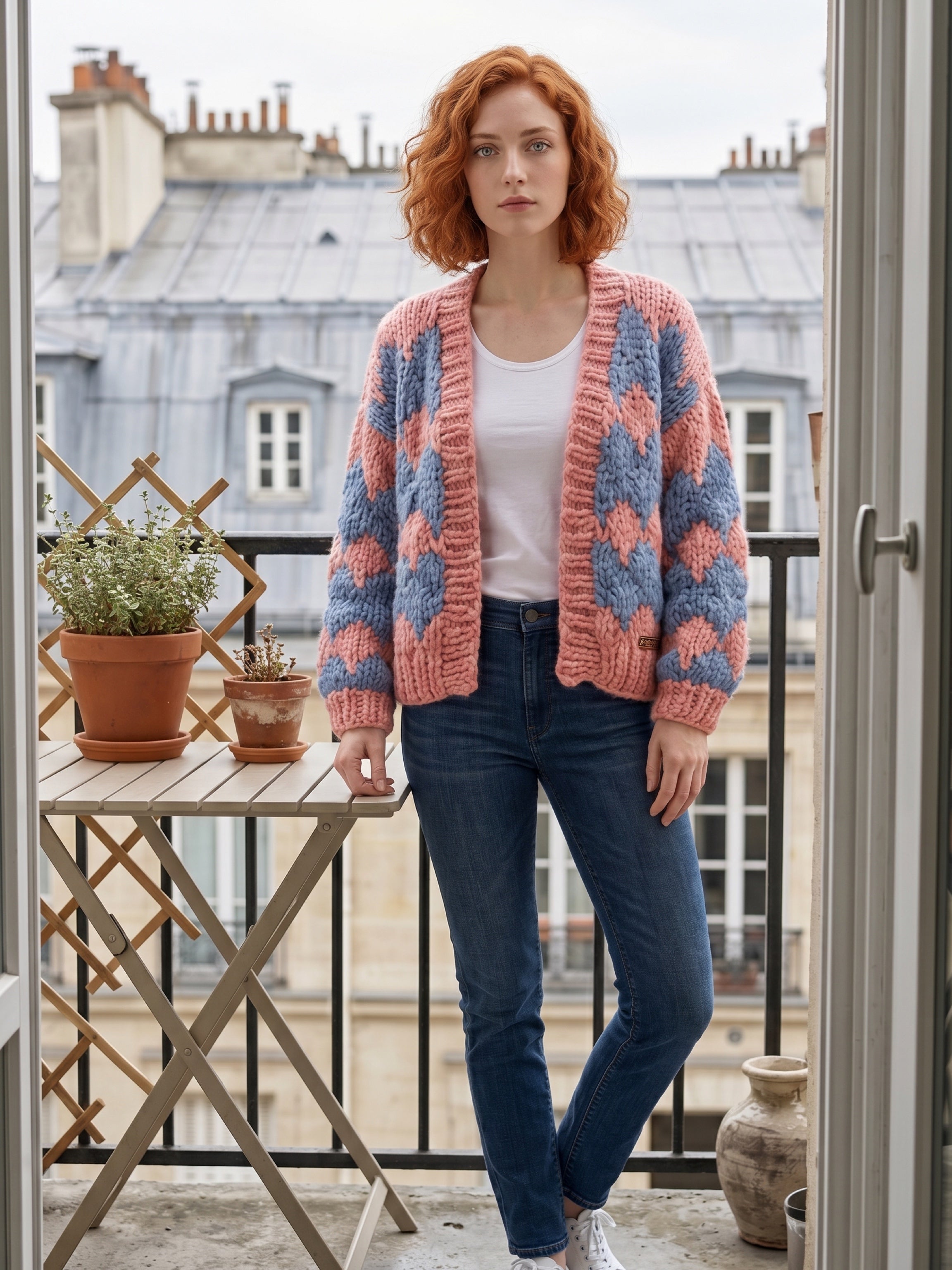 Chunky knit BoHo cardigan Peach and Blue                          ITEM: # 31- 681836
