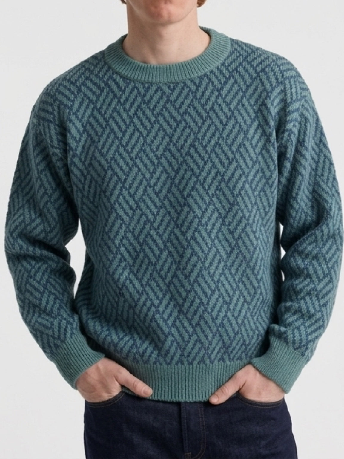 Blue Green Geometric Pattern Sweater 100% Baby Alpaca             ITEM # 46 - 681846