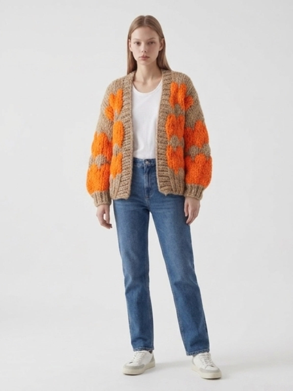Chunky knit cardigan orange and cream  ITEM: # 22 - 681823