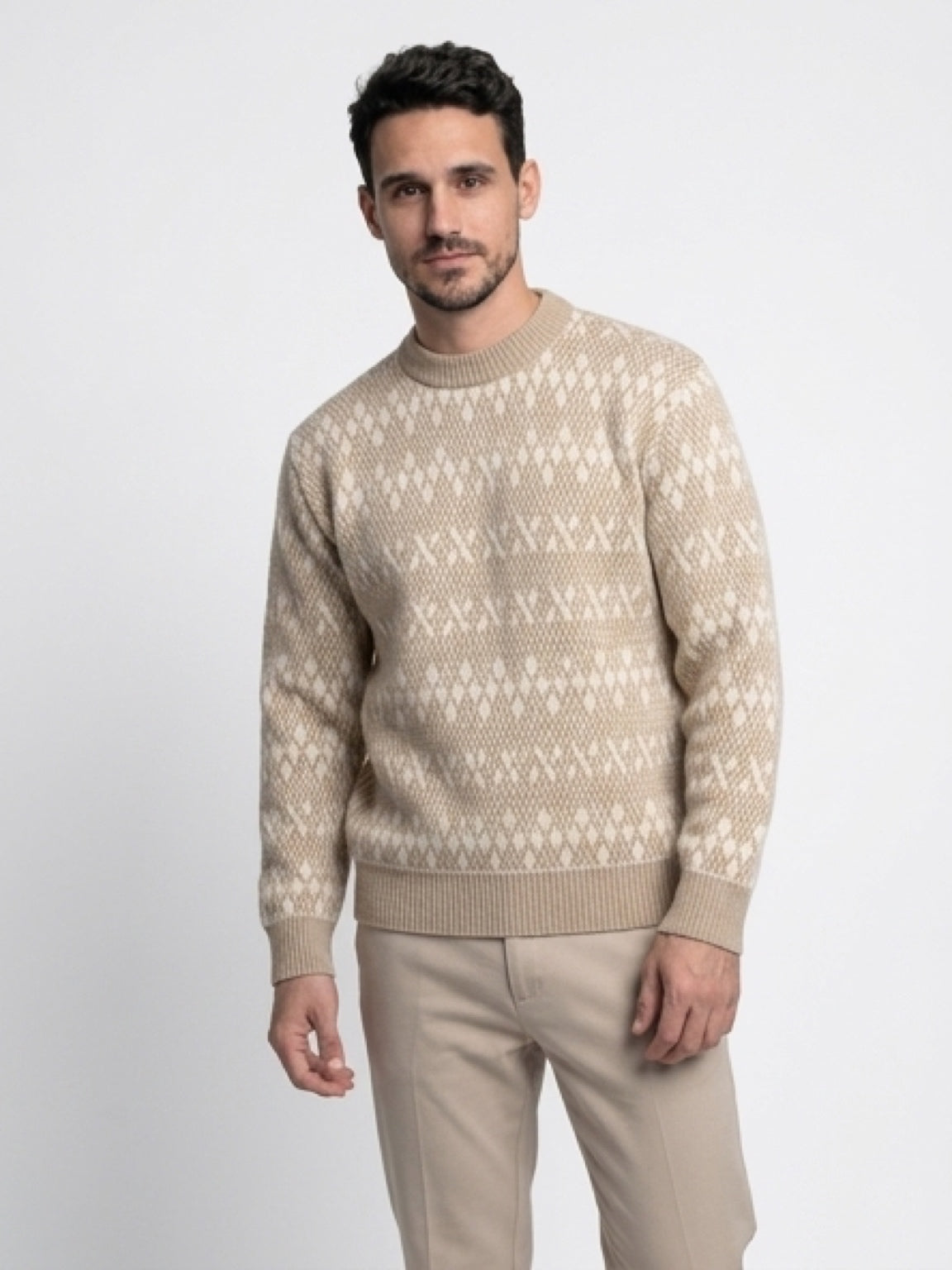 Elegant Beige and Cream Diamond Handmade Sweater ITEM # 20 - 681817