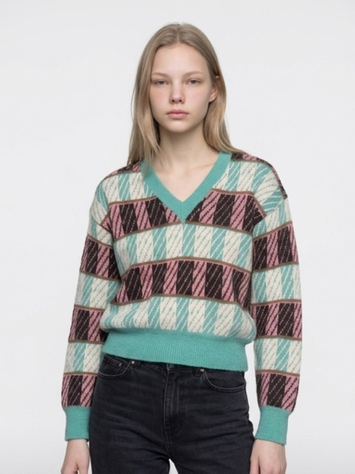 Teal and Pink Geometric Sweater 100# baby alpaca wool              ITEM # 10-681814