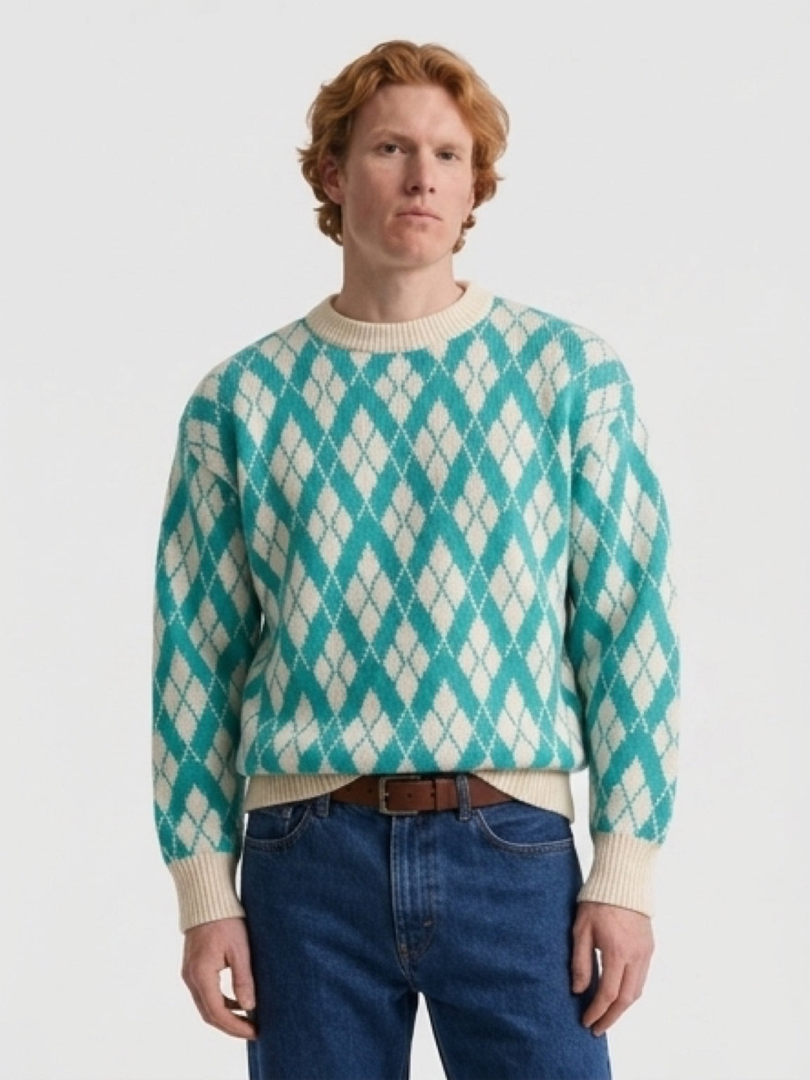 Turquoise Argyle Sweater 100%Baby Alpaca Wool            ITEM: # 15 - 681823