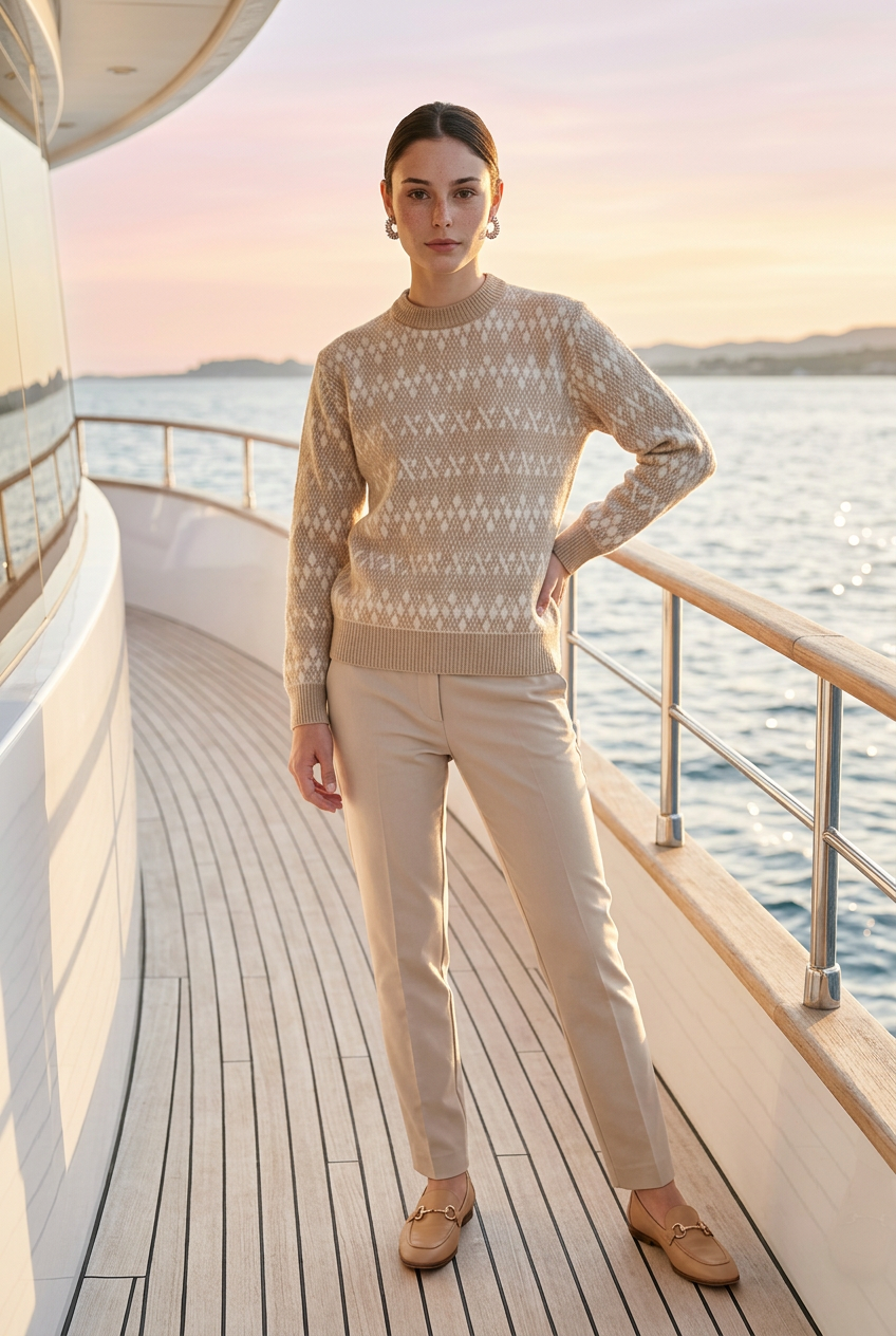 Elegant Beige and Cream Diamond Handmade Sweater ITEM # 20 - 681817