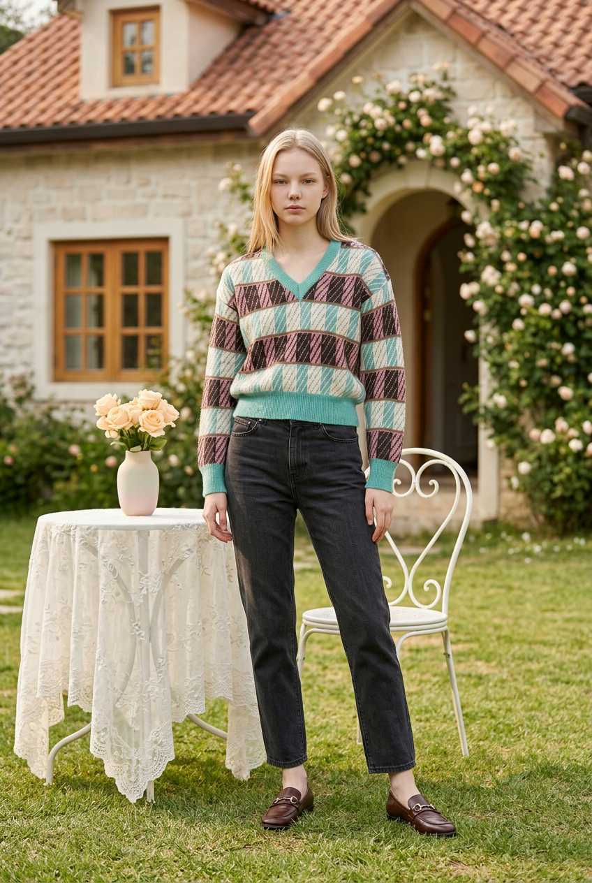 Teal and Pink Geometric Sweater 100# baby alpaca wool              ITEM # 10-681814