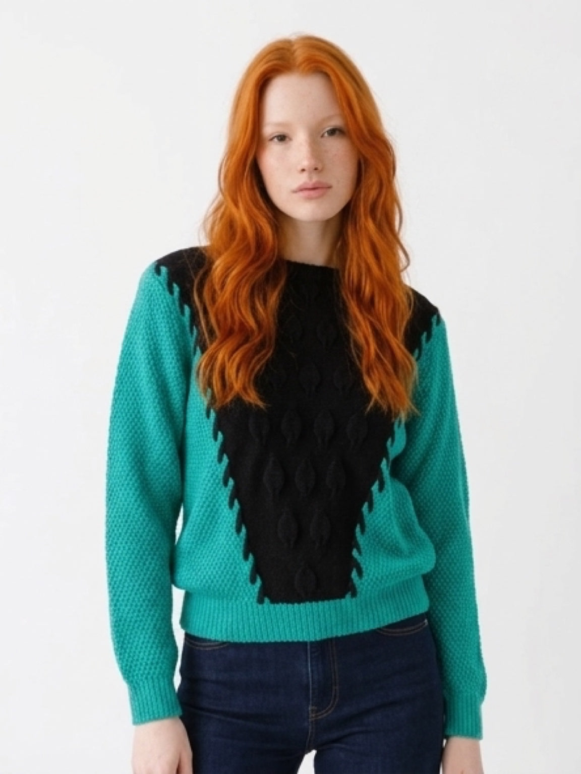 Hand knit 100%Baby alpaca wool Teal Sweater                    ITEM #13 - 681822