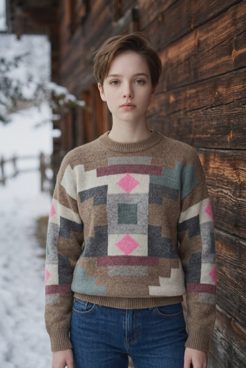 Earth tone jacquard sweater handmade 100% Alpaca         ITEM:# 8 - 681812