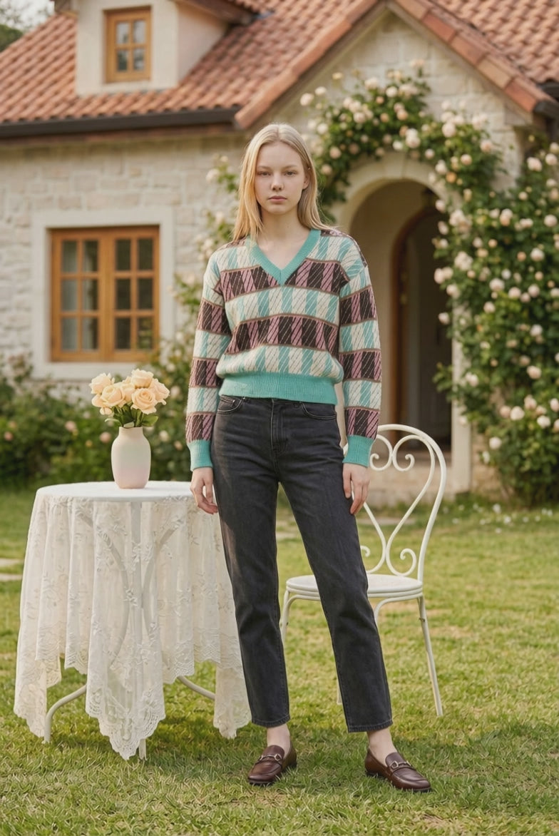 Teal and Pink Geometric Sweater 100# baby alpaca wool              ITEM # 10-681814