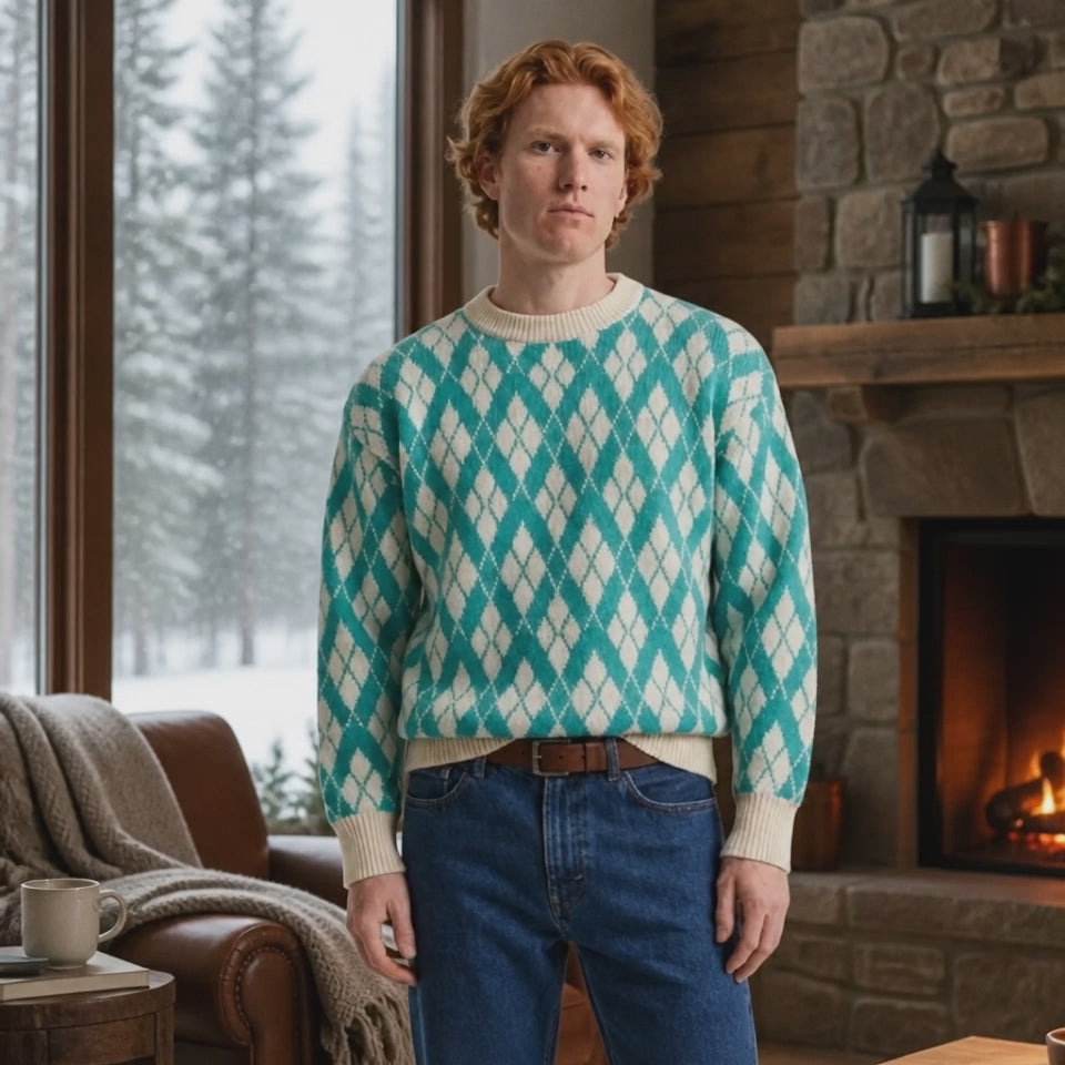 Turquoise Argyle Sweater 100%Baby Alpaca Wool            ITEM: # 15 - 681823