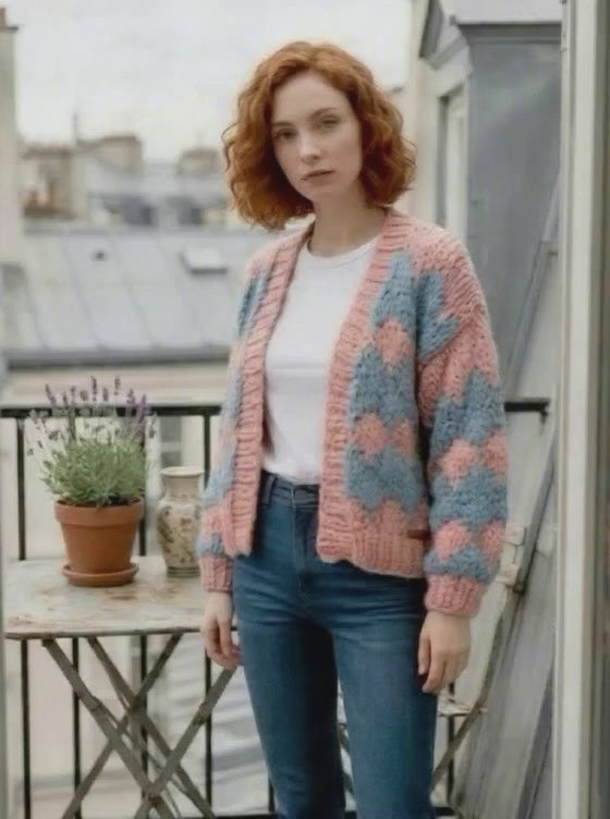 Chunky knit BoHo cardigan Peach and Blue                          ITEM: # 31- 681836