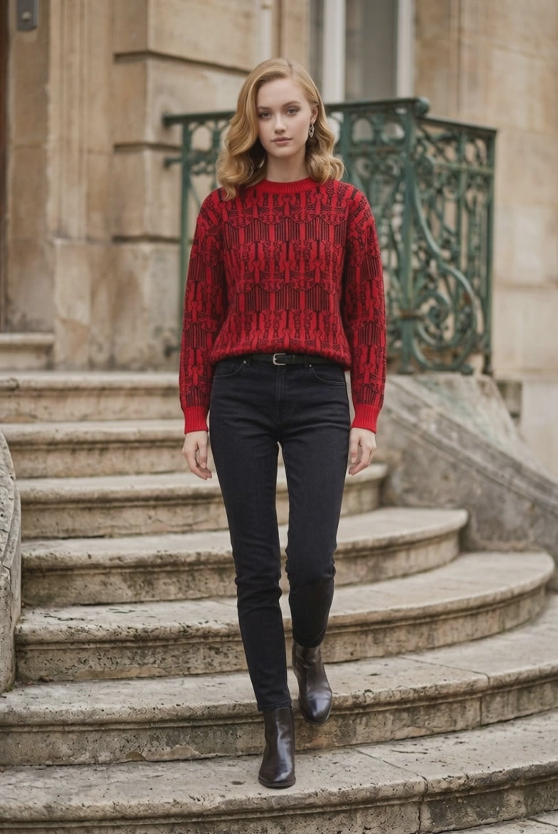 Red and Black 100 % Baby Alpaca Sweater ITEM:# 18 - 681825