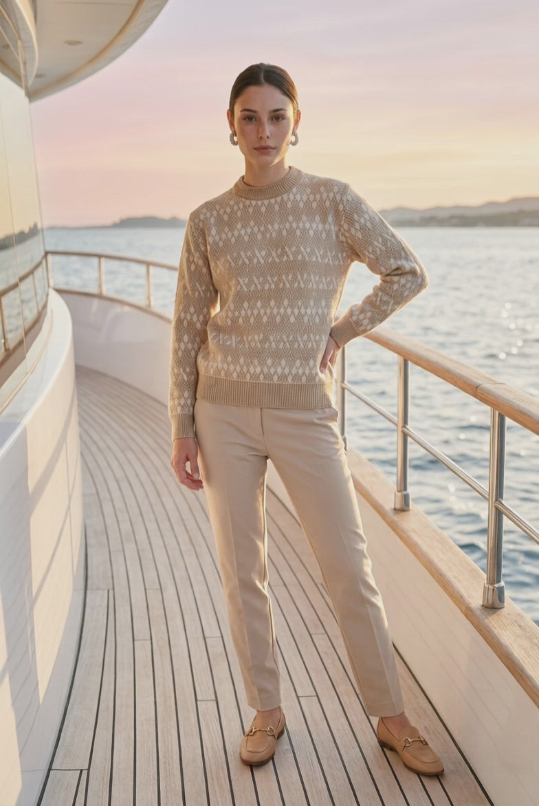 Elegant Beige and Cream Diamond Handmade Sweater ITEM # 20 - 681817