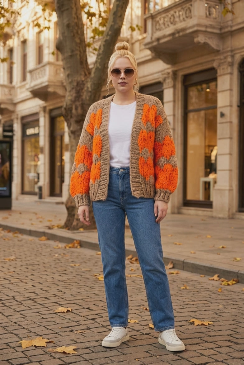 Chunky knit cardigan orange and cream  ITEM: # 22 - 681823
